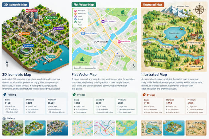 draw a detailed 3d isometric map, flat vector map design and illustrated maps