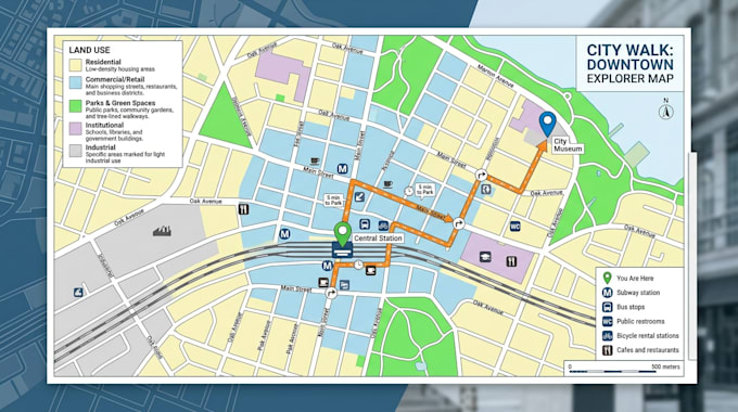 do wayfinding map, pedestrian map, route visualization, navigation and land use