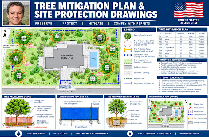 draft a tree mitigation plan and site protection drawings for permits