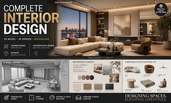 design 3d interior home decor, moodboard design, realistic 4k interior rendering
