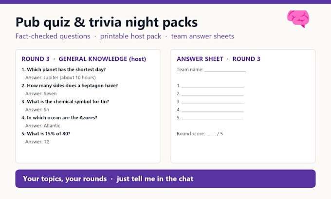 write a pub quiz or trivia night pack with printable answer sheets