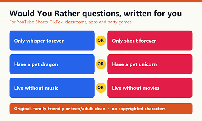 write original would you rather questions for shorts, tiktok or class