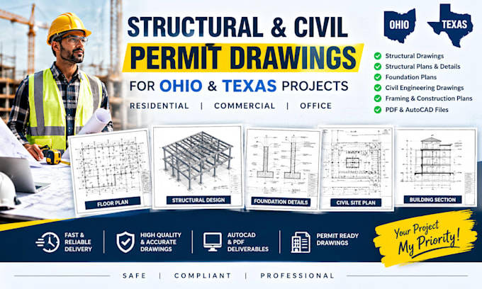 provide ohio and texas structural and civil engineering permit drawings stamp