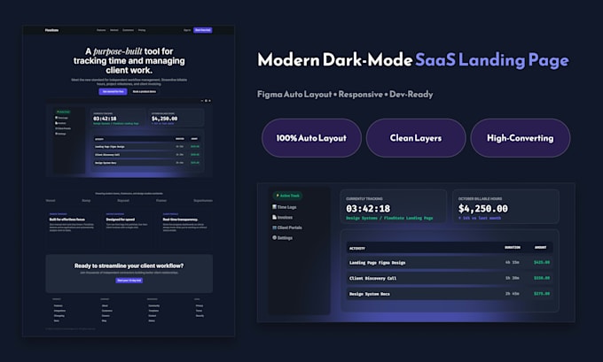 design a modern dark mode saas landing page in figma using auto layout