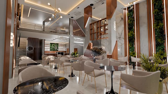 render 3d modern restaurant interior, cafe design, visualize bar, kitchen layout