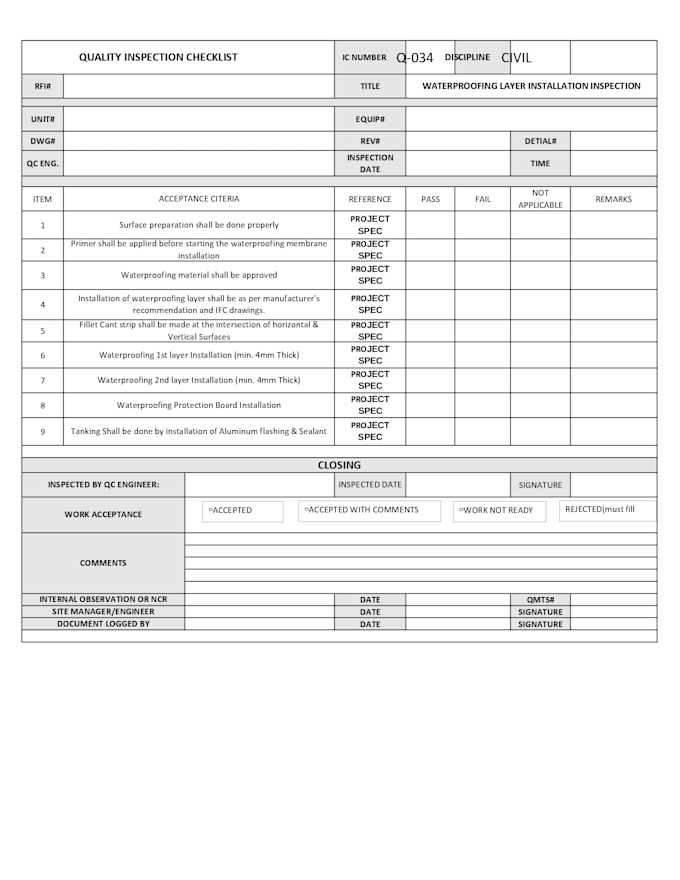 prepare qa qc documentation itp mst mat ncr wir rfi mir