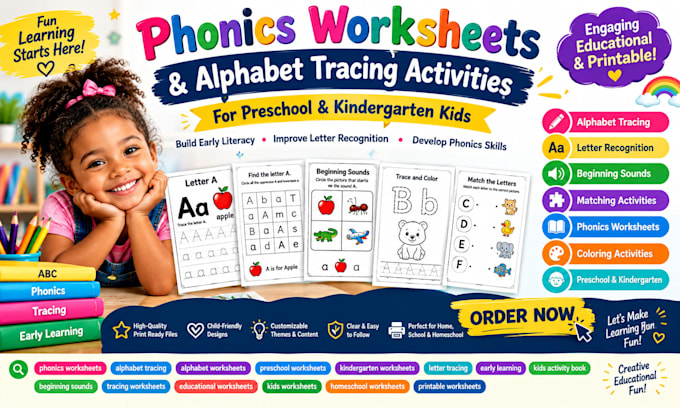 design phonics worksheets and alphabet tracing activities