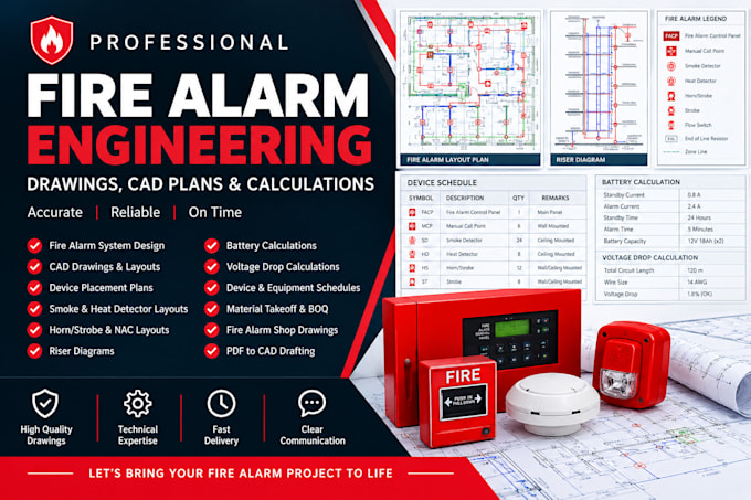 fire alarm system drawings, cad plans and calculations