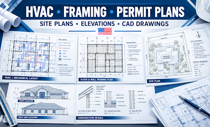design hvac, site plans, framing, elevations, floor plans and permit drawings