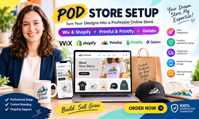 setup wix print on demand store, shopify pod with printful printify integration