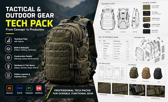 create tactical gear tech pack, utility bag tech pack, outdoor equipment design