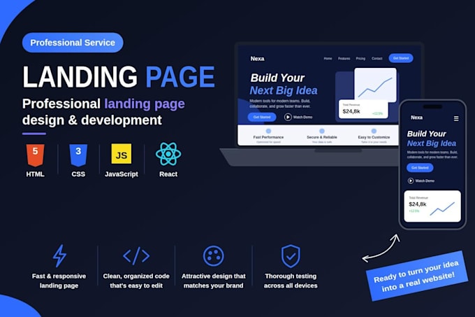 develop a responsive landing page using HTML CSS javascript react