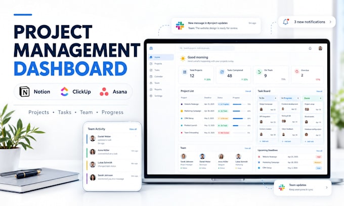 create notion, clickup or asana project management dashboards