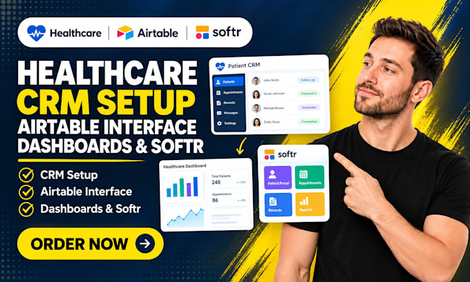 do healthcare crm setup, healthcare airtable interface dashboards softr