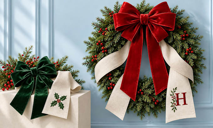 design custom christmas wreath sashes and bows with realistic mockups
