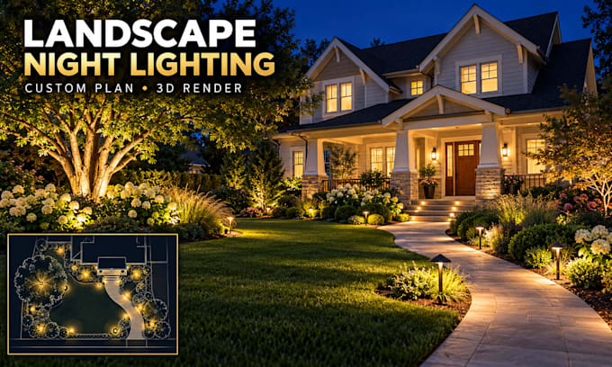 design a custom landscape night lighting plan and high quality 3d render