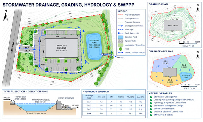design stormwater drainage, grading plans, hydrology and swppp