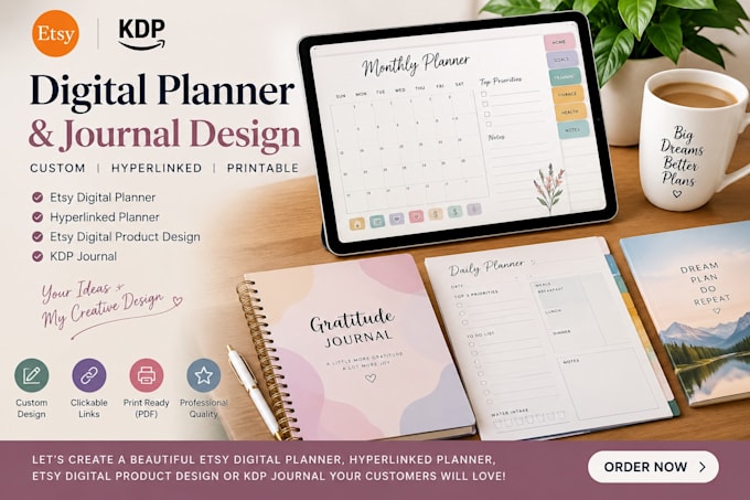etsy digital planner hyperlinked planner etsy digital product design kdp journal