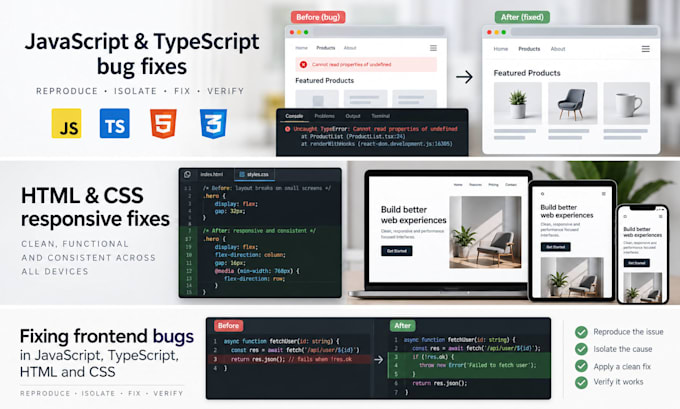 fix javascript, typescript, HTML and CSS bugs