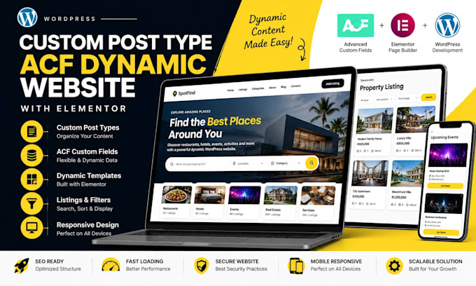 create wordpress custom post type, acf dynamic content and elementor website