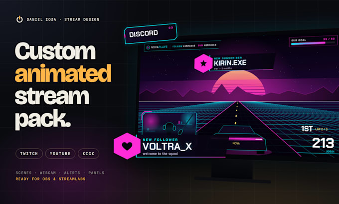 design a custom animated stream pack for twitch, youtube and kick
