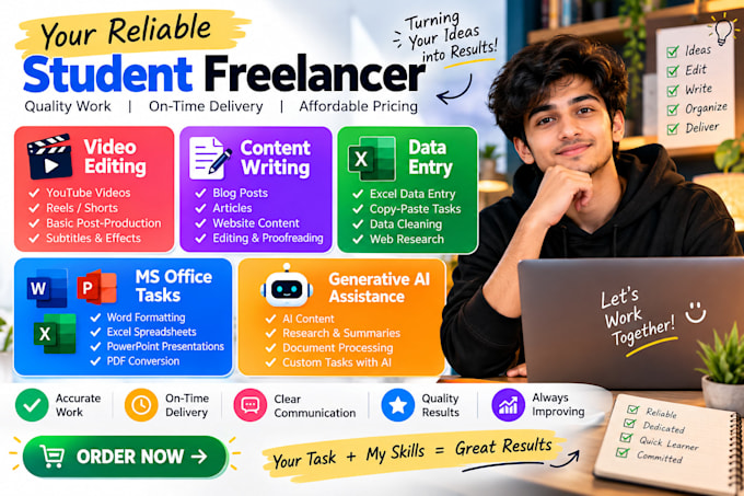 video editing, content writting, ms office etc