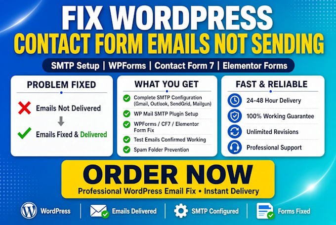 fix wordpress contact form not sending emails SMTP setup wpforms cf7 elementor