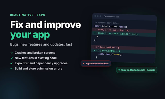 fix bugs and add features to your react native expo app
