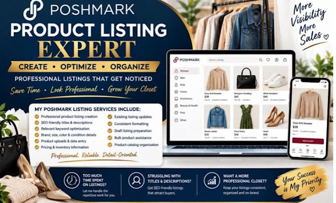create and optimize, edit and formatting professional poshmark product listings