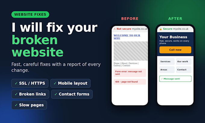 fix website errors, broken pages, mobile layout, SSL issues