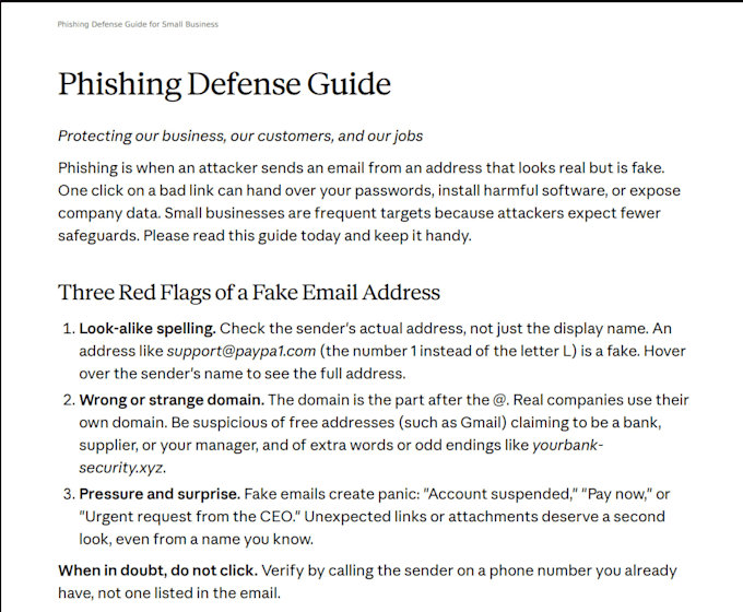 write a customizable cybersecurity awareness employee guide for your business