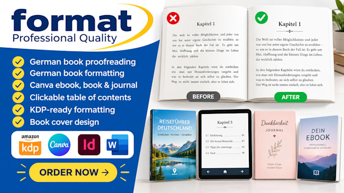 proofread german book, format german book, canva ebook ,canva book canva journa