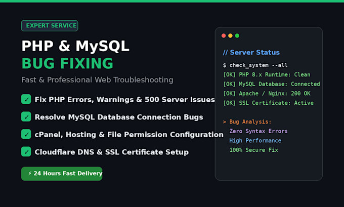 fix PHP errors, mysql database issues, and website bugs