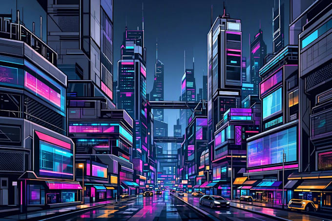 create a cyberpunk sci fi futuristic city illustration
