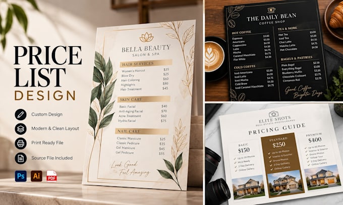 design salon price list, sell sheet, product sheet, product catalog