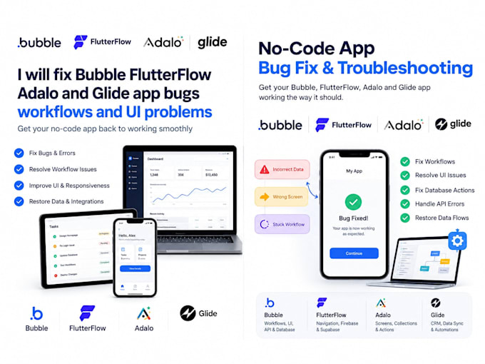 fix bubble flutterflow glide and adalo app bugs workflows and ui problems