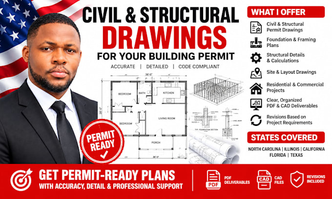 do illinois california nc florida civil structural engineer drawings for permit