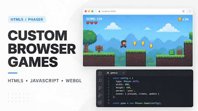develop html game, bowser game, with phaser, javascript game, webgl game