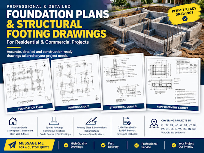 fl tx ca nc az da footing plan, foundation plan structural footing drawings