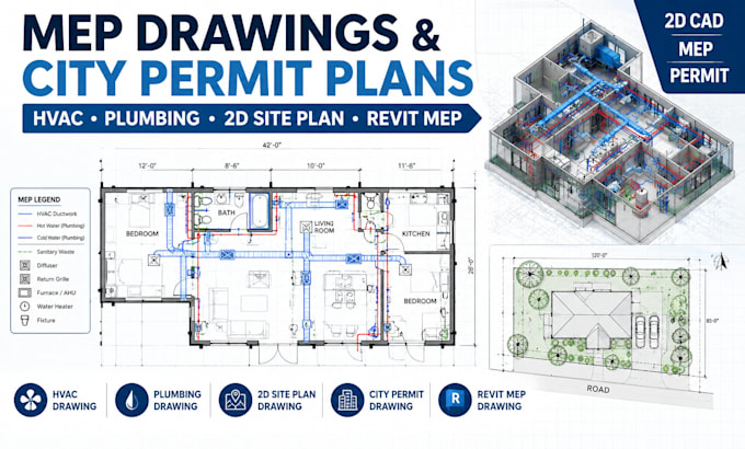 create mep drawings, hvac, plumbing and city permit plans