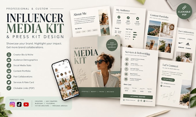 design influencer media kit or press kit or postcard