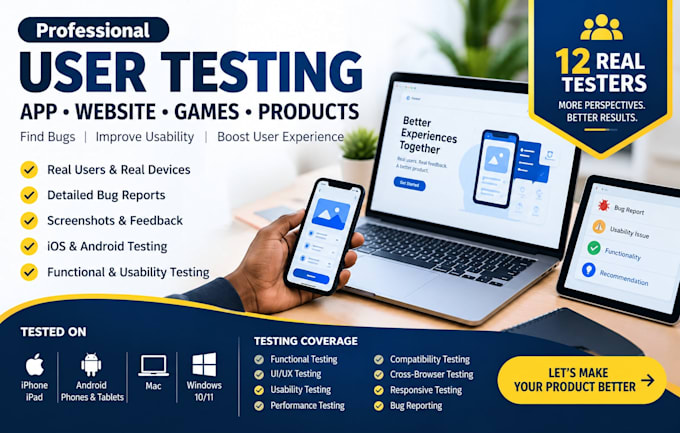 test and review your website, mobile apps, games, product, with 12 testers