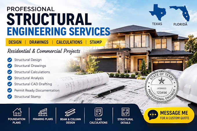 do structural design drawings calculations and structural stamp texas florida