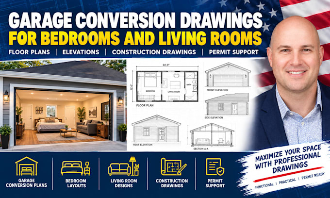 create garage conversion drawings for bedrooms and living rooms