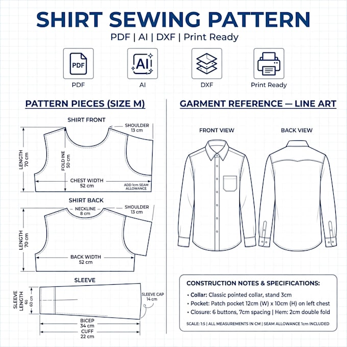 make professional shirt sewing pattern with pdf ai dxf