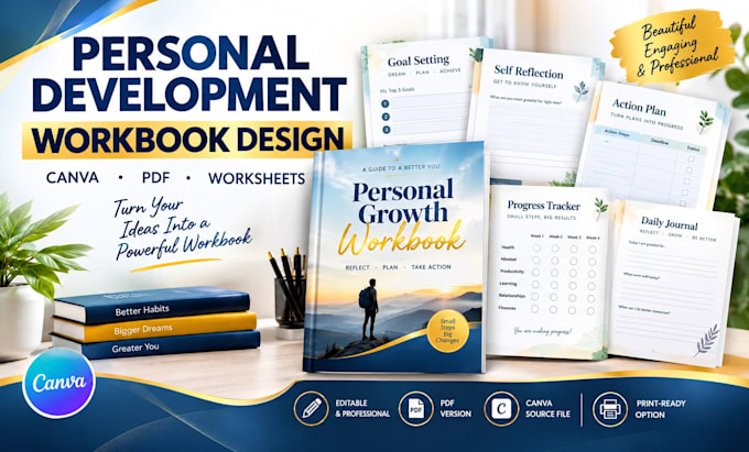 design a professional personal development workbook in canva