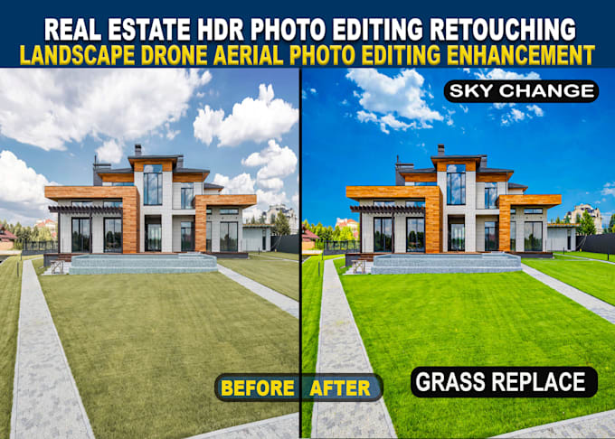 real estate and landscape photo edit, image retouch, sky change, grass replace