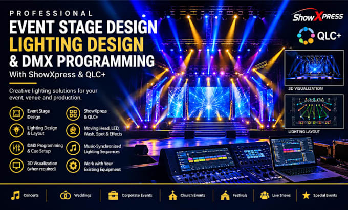 create event stage design showxpress, lighting design qlc and dmx programming