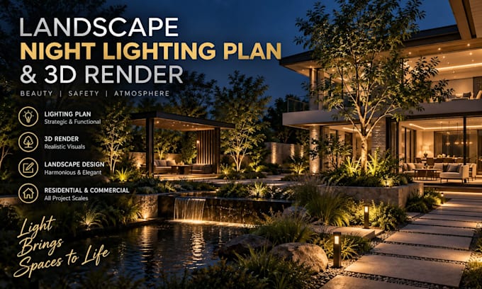 do 3d landscape night lighting plan and render for outdoor garden design