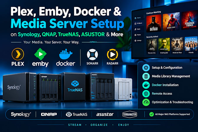 setup plex, emby, docker and media server on synology, truenas, qnap nas
